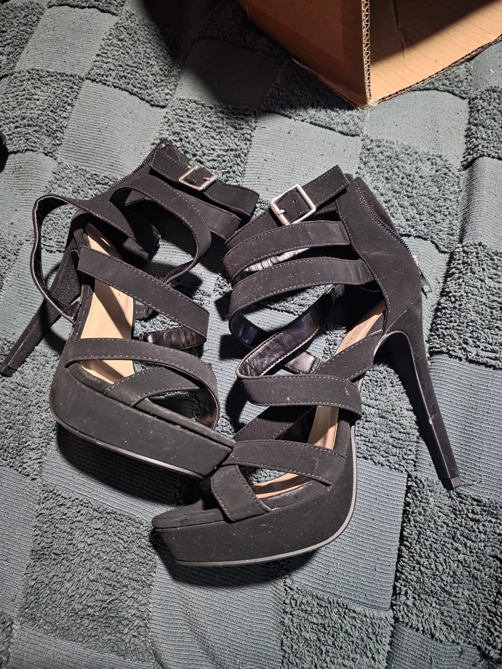 Strappy Black Platform Stiletto Heels with Ankle Buckle